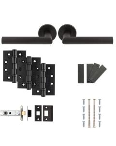 Treviri Fire Door Handle Pack in Matt Black Carlisle Brass Image shows items included in the Fire Door Handle Pack includes pair of handles, 3 Grade 13 Fire Rated Ball bearing butt hinge 76mm tubular latch and intumescent latch / hinge pack