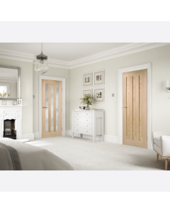 Idaho 3 Panel Untreated Oak Internal Door Lifestyle Image by LPD Doors shows both Idaho Oak 3 panel and the Idaho Oak obscure glass