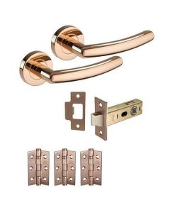 Raven Copper Door Lever on Round Rose Latch pack includes pair handles, 3 hinges and tubular latch