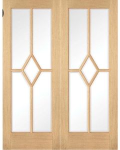 Internal REBATED Door PAIR Oak Reims 5 Panel Clear Bevelled Glass Prefinished 