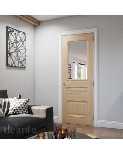 Windsor clear bevelled glass Prefinished Oak Internal Door lifestyle image by Deanta